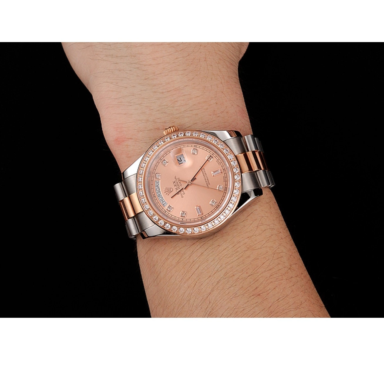 Aaa replica watch Steel Rolex Swiss Gold Bracelet 1454107 Day-Date Diamonds Rose And Staineless Bezel 0519